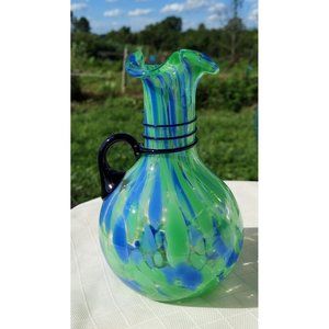 Beautiful Green & Blue Splatter Murano Art Glass Pitcher Vase